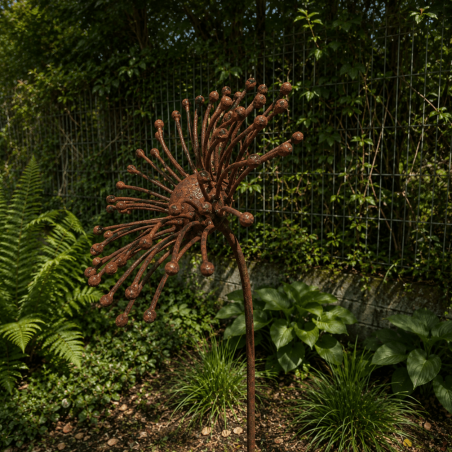 Fleur soleil en métal sur pique couleur rouille – Hauteur 160 cm