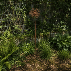 Fleur soleil en métal sur pique couleur rouille – Hauteur 160 cm