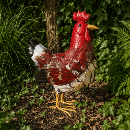 Poule décorative en métal coloré – Statue de jardin 36 cm