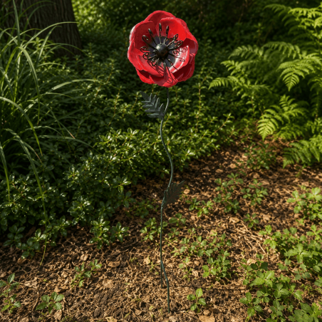 Coquelicot rouge en métal sur pique – Fleur de jardin 70 cm