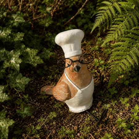 Oiseau chef cuisinier à lunettes en résine – Figurine 12 cm