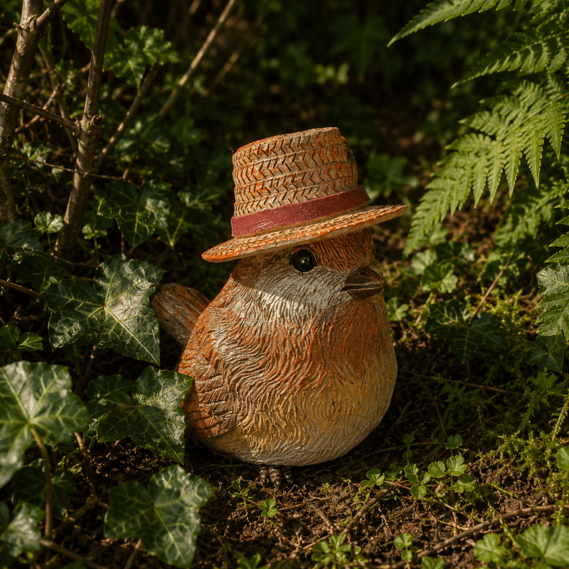 Rouge-gorge avec chapeau de paille en résine – Figurine 9 cm