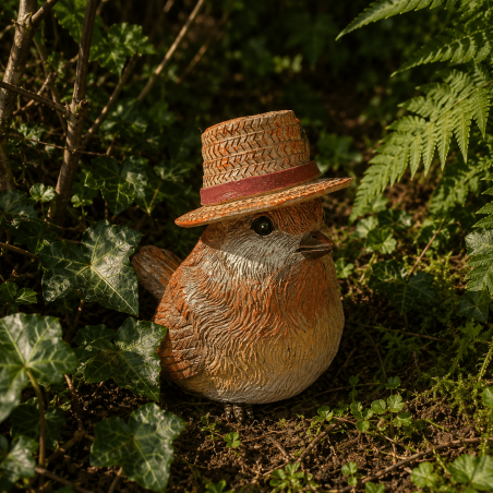 Rouge-gorge avec chapeau de paille en résine – Figurine 9 cm