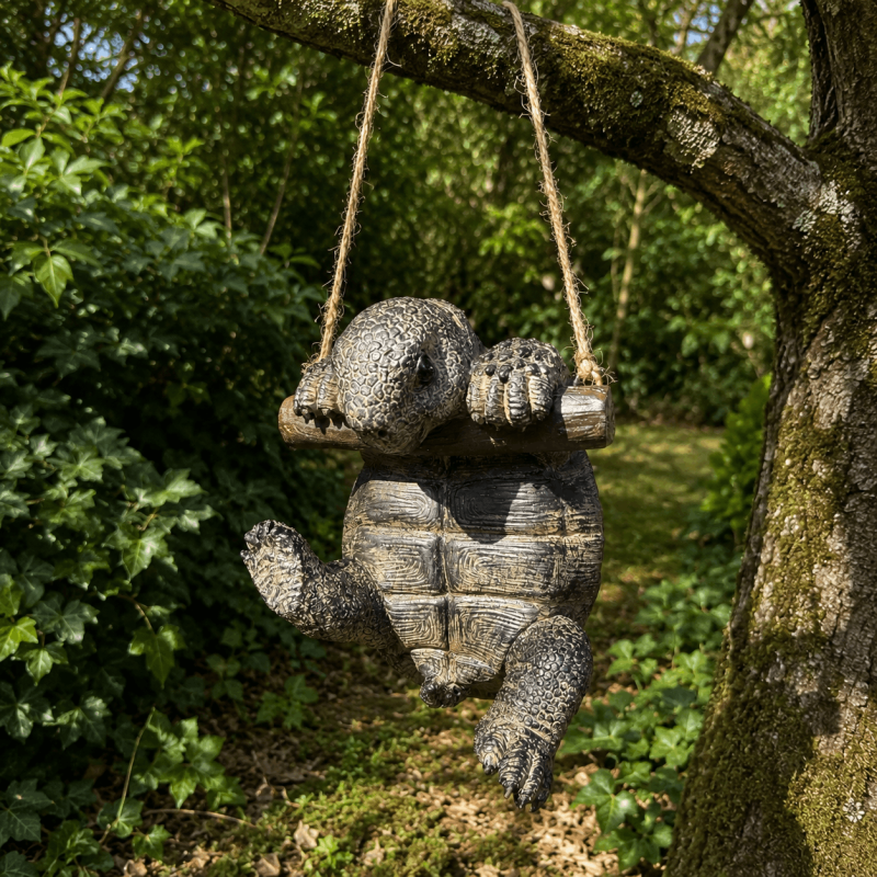 Tortue suspendue décorative grise sur branche