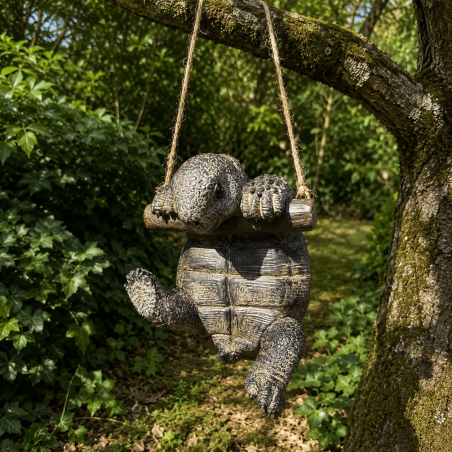 Tortue suspendue décorative grise sur branche
