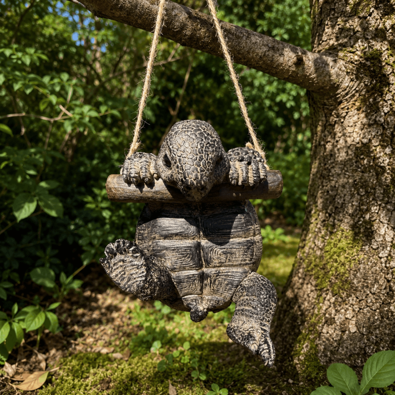 Tortue suspendue décorative grise sur branche