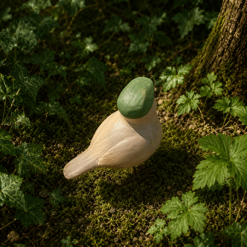 Petit oiseau décoratif en résine avec béret vert